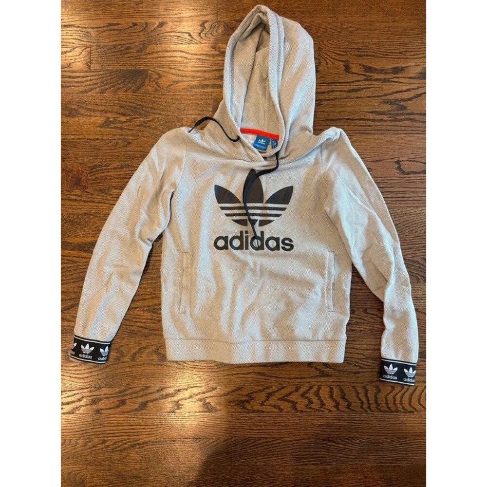 Adidas Originals Trefoil Hoodie Women’s Small Gray Sweatshirt Logo Tape Cuffs